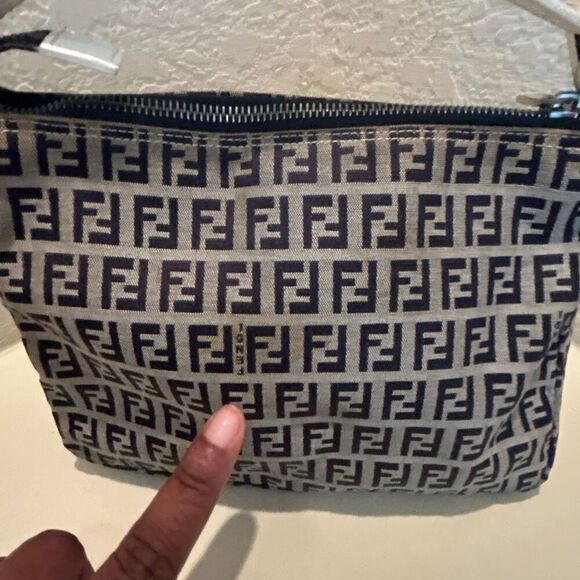 Fendi Zucchino Mini Bag Navy White FF Logo Slouchy Baguette Shoulder Purse - Picture 4 of 15